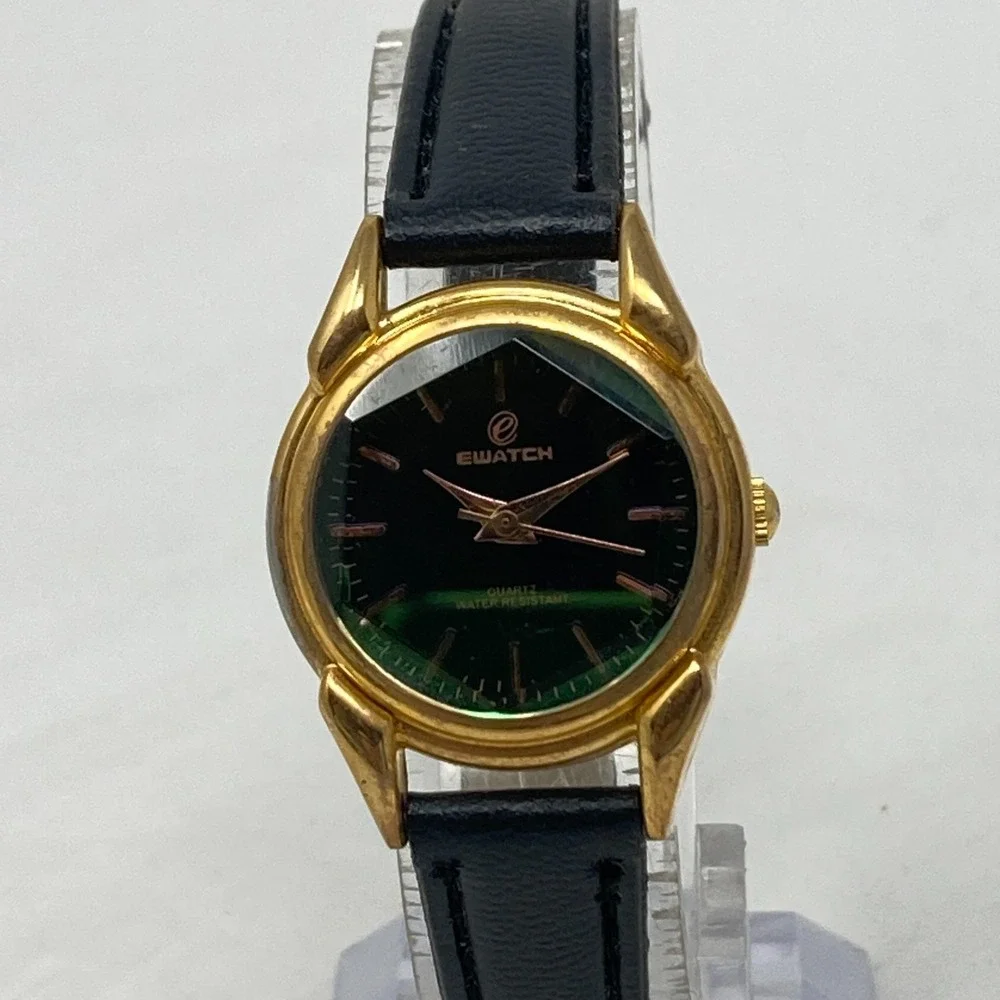 Ewatch Watch Women 25mm Gold Tone Green Dial Faceted Crystal New Battery 7.25